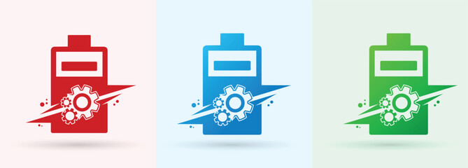 Battery gear swoosh logo energy power technology charger engineering modern brand icon
