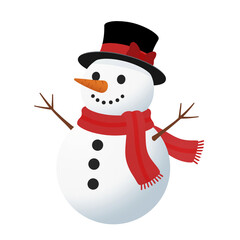 Festive cartoon snowman with top hat and red scarf isolated on transparent background 