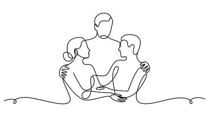 Minimal one-line drawing of a family embracing—three figures holding each other—symbolizing love, unity, connection, support, and emotional bonding.