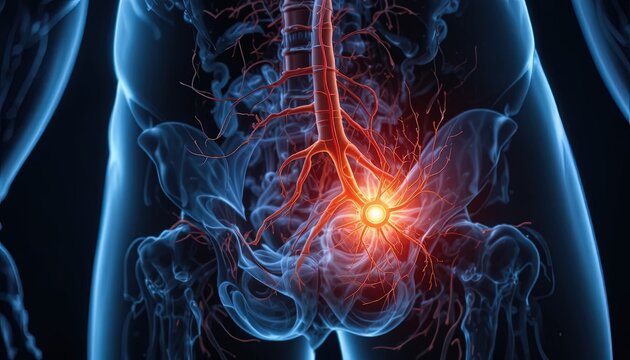 Detailed 3D anatomical rendering showcases sciatic nerve pain radiating in the lower back and hip, ideal for medical education and healthcare marketing