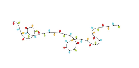 ストリングライト風のクリスマス装飾を表現したイラスト素材。華やかなイルミネーションの曲線が、パーティーやお祝いシーン、季節感のあるデザインに彩りを加えます。
