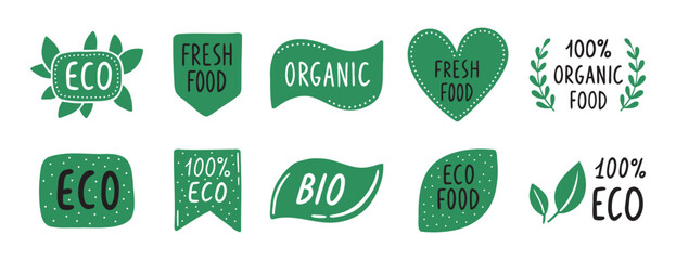 Oganic food Eco emblem icon set. hand drawn doodle 100 percent bio products stamp. green ecology guality market icons