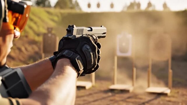Cinematic 8K footage of safe sports shooting practice inside an indoor shooting range. The video highlights hand positioning, safety equipment, and controlled training suitable for competitive shootin