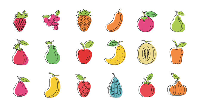 Vibrant and playful collection of various fruits and berries illustrated in a colorful doodle style with a simple outline.