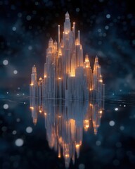 Obraz premium A surreal Christmas castle built from ice and mirrors, glowing lights, floating snowflakes, abstract dreamy magical atmosphere