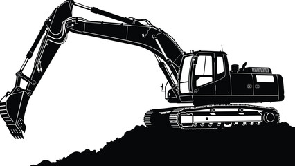 Silhouette of a large hydraulic excavator operating on a dirt mound, heavy construction machinery performing digging tasks at an industrial job site. © Creatives Sakib