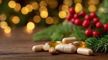 christmas background with holiday decorations and christmas tree branches, natural background, surrounded by pills or tablets in bottles on a wooden table. close-up. image of medicine at christmas con