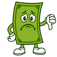Sad cartoon dollar bill character with thumbs down gesture, financial loss concept, isolated on transparent background 