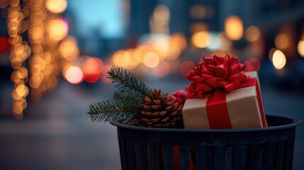 christmas gifts in a trash can on the street, with a winter evening city background. 
