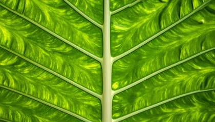 Close-up of a large tropical leaf showing intricate veins and a textured surface