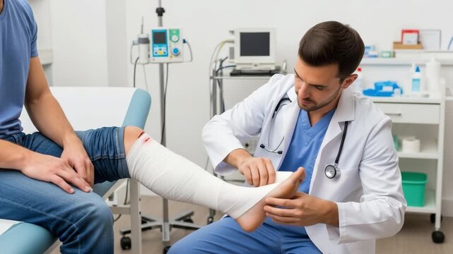 A medical professional carefully bandages a patient's injured leg at a clinic
