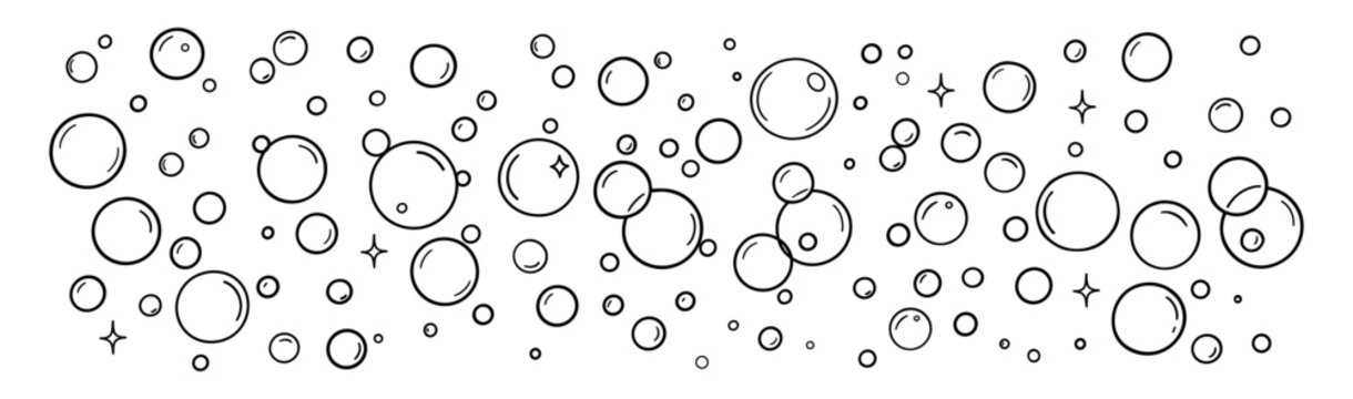 Water bubble pattern. Hand drawn doodle bubbles and water drops illustration. Line sketch style bubble sparkle on transparent background.