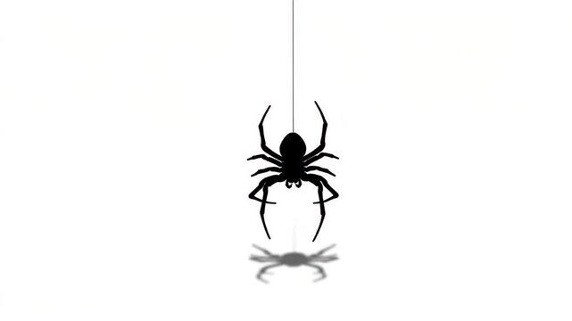 A menacing black spider silhouette hanging gracefully from a single thread of its web against a stark white background

