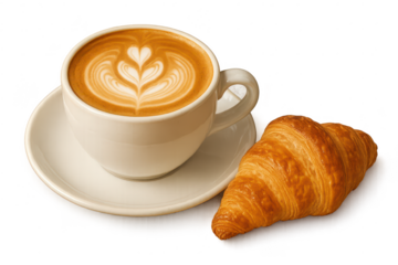 Cappuccino with croissant on a transparent background presentation.