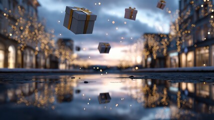 Surreal Christmas scene with floating gift boxes above a quiet snowy city, glowing lights, soft twilight, magical reflection in puddles