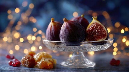 Christmas still life with figs, dates, candied ginger on a glass pedestal, soft glowing lights, magical festive atmosphere