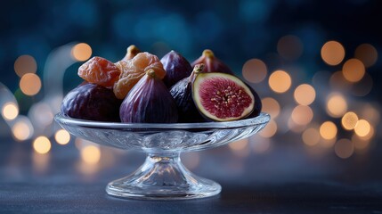 Christmas still life with figs, dates, candied ginger on a glass pedestal, soft glowing lights, magical festive atmosphere