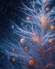 Vertical surreal Christmas tree made of fiery and icy branches, glowing ornaments, magical snow, ethereal fantasy winter scene 