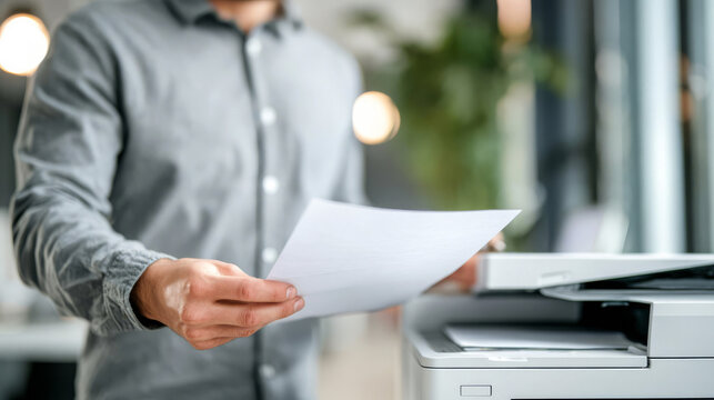 A male office worker in a gray shirt holds a blank sheet of paper while standing near the printer