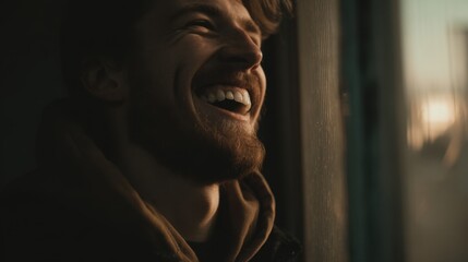 Close up of a laughing bearded man with eyes closed and a warm joyful expression