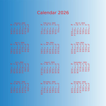 A visual representation of the complete 2026 calendar displaying months and dates