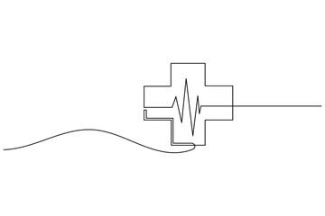 Continuous line art of a medical cross symbol with an ekg heartbeat line running through it © Line Art King
