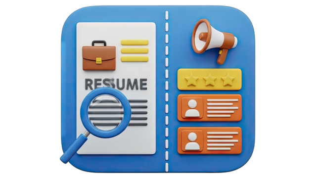 Recruitment Concept With Magnifying Glass Over Resume and Candidates Stars Rating and Megaphone On Blue Background With Transparent Background - Powered by Adobe