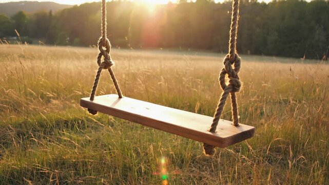 Swing set in a sunlit field. Rustic wooden design with hanging rope. Silhouette of grain silo in the distance.