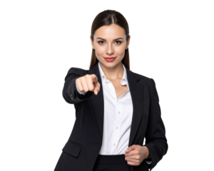“Isolated businesswoman pointing, transparent background, full-body clean cutout.”