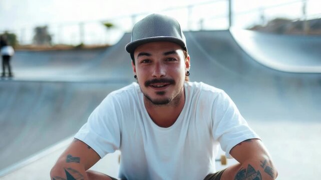 Video A man sits on his skateboard in a skate park, surrounded by ramps and obstacles