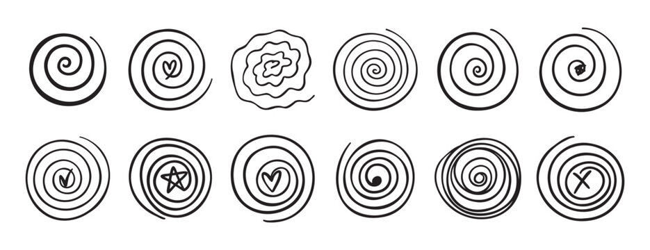 Doodle spiral swirl motion element set. abstract hand drawn round spiral line. spiral with a symbol inside