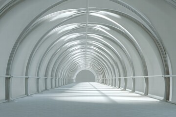 Obraz premium Monochromatic image displaying tunnel illuminated by natural light, creating a clean, minimalist atmosphere, featuring converging lines and curves.