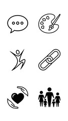 Simple line art and solid vector icons set communication palette human figure link heart hands and family group isolated on clean white backdrop