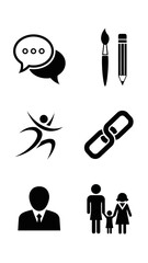 Universal black and white icons set communication creativity motion family connections person silhouette modern vector collection simple graphic elements for web design applications
