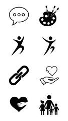 Set of black silhouette and line vector icons idea art movement chain link heart care and family isolated on clean white background simple graphic symbols