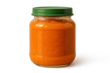 Jar of carrot puree with a green lid, on a transparent background.