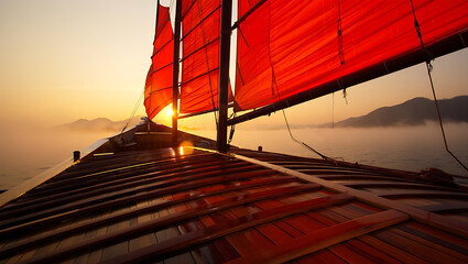 Traditional junk boat with striking red sails on calm waters, illuminated by a radiant golden sunrise, a serene moment of timeless beauty