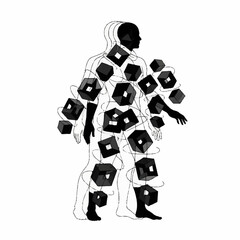 Abstract human figure composed of geometric shapes and lines.