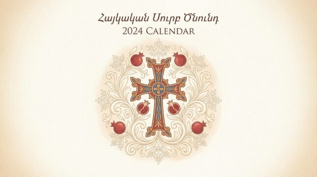 clean armenian christmas calendar cover template illustration template featuring traditional cross motif surrounded by soft patterns on light neutral background with subtle vignette