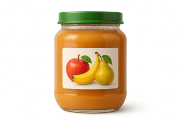 Jar of pureed fruit on a transparent background - apple, banana, pear