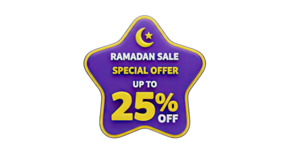 Purple Star Shape Ramadan Sale Special Offer Up To 25 Percent Off With Crescent Moon and Star Icon On Transparent Background For Retail Promotions And Discounts