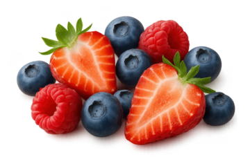 Fresh berries on transparent background: strawberries, blueberries, raspberries