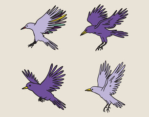 Obraz premium Flying birds and ravens in profile, approaching, boho mystical witchy hand drawn style