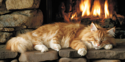 Maine Coon cat sleeping peacefully on a stone hearth, enjoying the warmth and coziness from a burning fire in a rustic setting