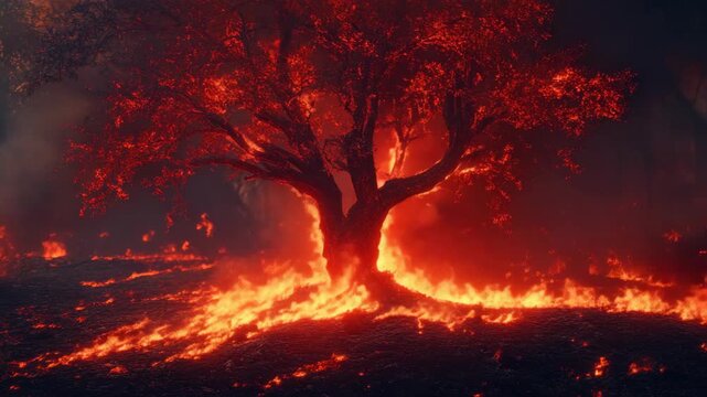 Inferno surrounds a lone tree, its leaves reddened by the flames.