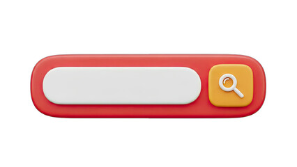 Red search bar with white input field and orange magnifying glass icon on a transparent background
