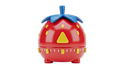 Red Strawberry Shaped Kitchen Timer With Yellow Accents and Blue Stem On Transparent Background