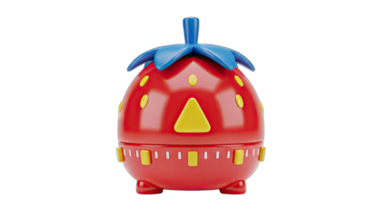 Red Strawberry Shaped Kitchen Timer With Yellow Accents and Blue Stem On Transparent Background