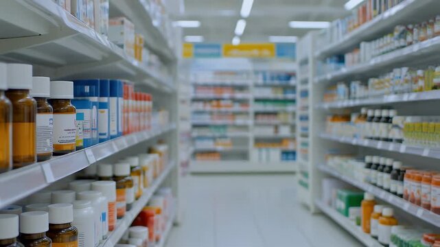 Supermarket shopping scene with a customer pushing a cart beside shelves filled with groceries
