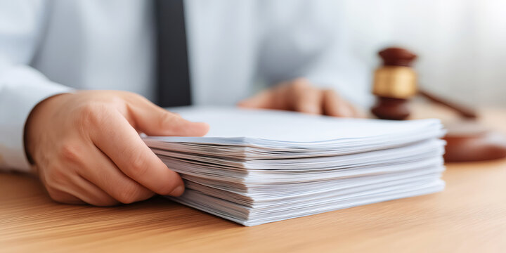 Lawyer or paralegal holding a thick pile of official papers, working on a legal case or administrative task with a gavel